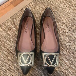 Valentino Garavani VLOGO Leather Ballet Flats with Gold Tonal Logo